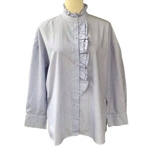 Mango Blue White Striped Ruffle Trim Cotton Long Sleeve Blouse Size 4